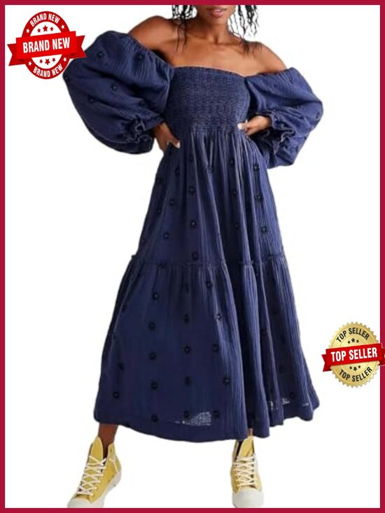 Dresses & Skirts - Women's Boho Floral Maxi Dress Square Neck Ruffle Swing A-Line Long Sleeve